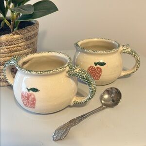 Green sponge ware apple motif Country decor Cream and sugar bowl Stainless spoon